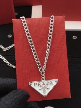 Prada Style Triangle Logo Necklace -Unisex Silver Cuban Chain Luxury Pendant